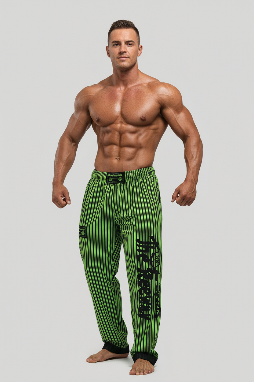 Thefreeway Art.253 unisex bodybuilding training pants in fluo green and black stripes, full-body studio view worn by a male bodybuilder