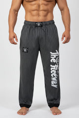 Thefreeway Art.253 unisex bodybuilding training pants in grey and black stripes, front detail showing waistband and leg logo