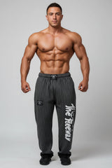 Thefreeway Art.253 unisex bodybuilding training pants in grey and black stripes, front view worn by a male bodybuilder in studio