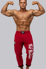 Thefreeway Art.254 unisex bodybuilding training pants in red and black stripes worn by a male bodybuilder in a front double biceps pose