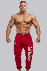 Thefreeway Art.254 unisex bodybuilding training pants in red and black stripes worn by a male bodybuilder in a relaxed front pose