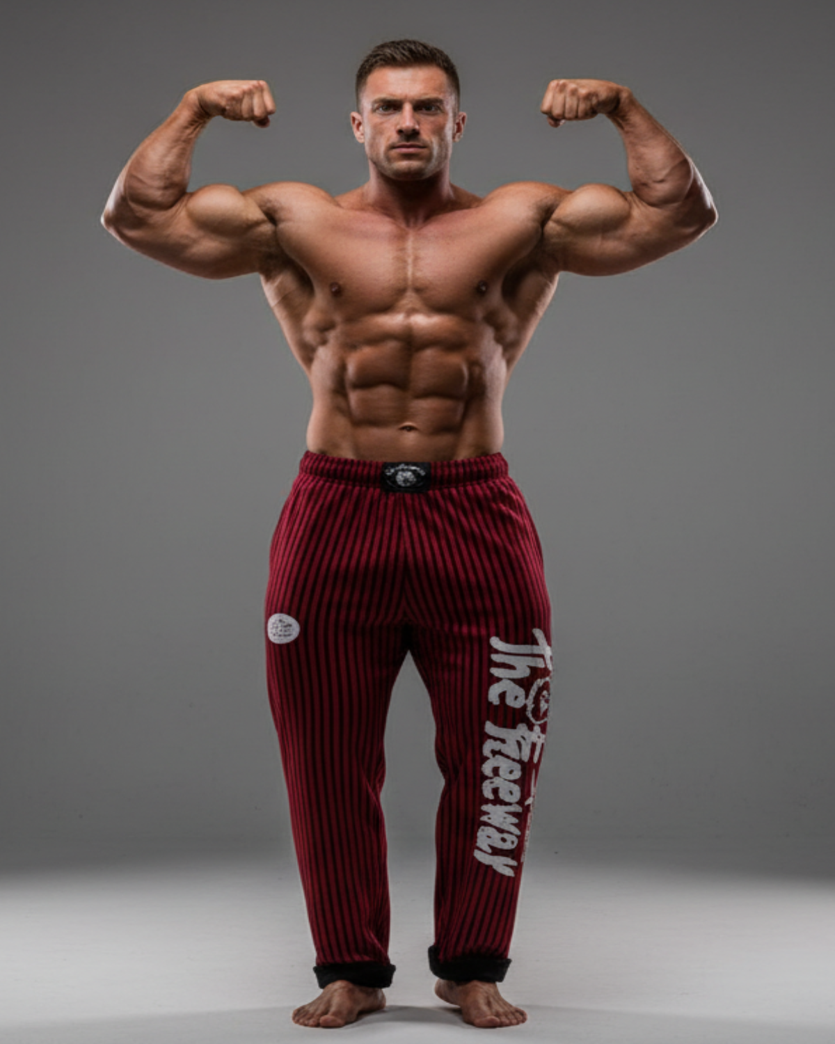 Thefreeway Art.253 unisex bodybuilding training pants in red and black stripes worn by a male bodybuilder in a front double biceps pose