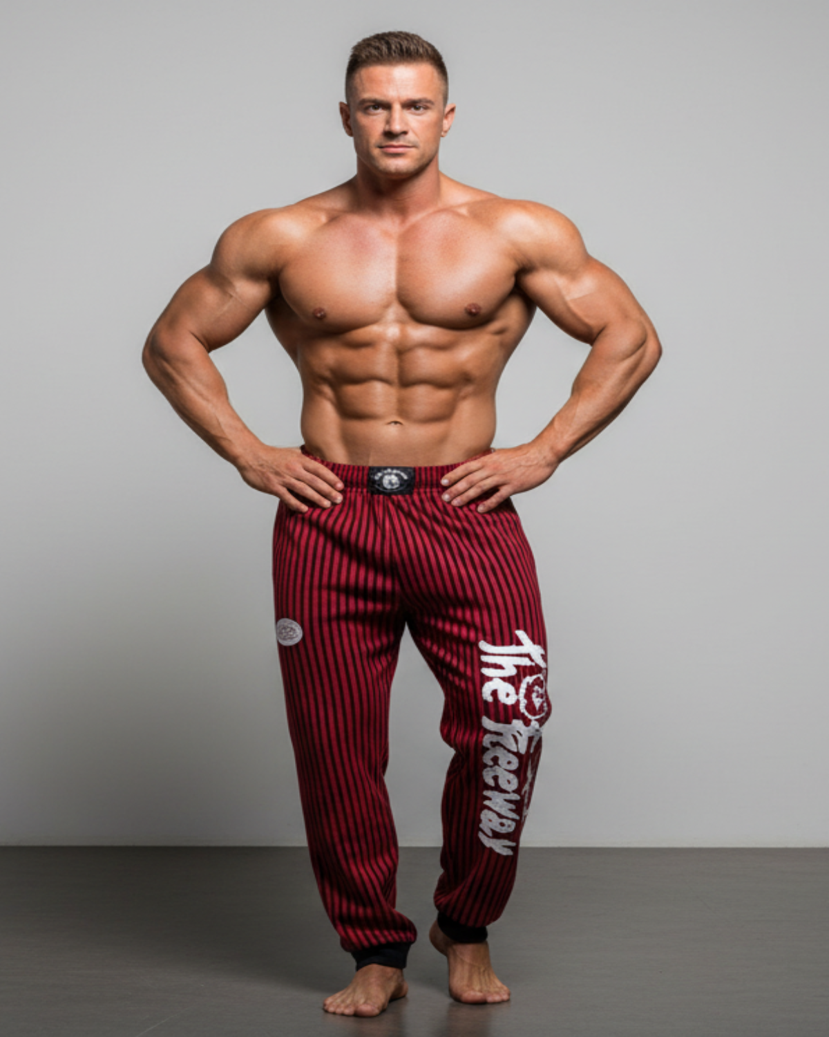 Thefreeway Art.253 unisex bodybuilding training pants in red and black stripes, front view worn by a male bodybuilder