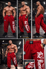 Thefreeway Art.253 unisex bodybuilding training pants in red and black stripes shown in front, side and detail views