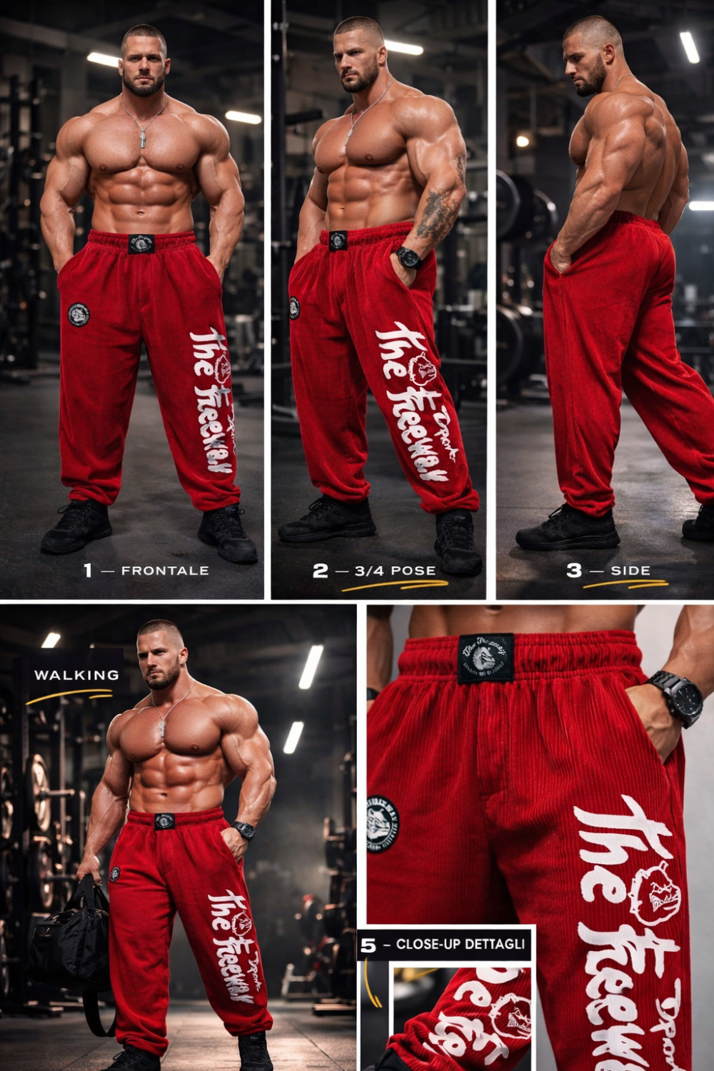Thefreeway Art.253 unisex bodybuilding training pants in red and black stripes shown in front, side and detail views