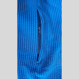 Thefreeway Art.254 unisex bodybuilding training pants in sky blue and black stripes, close-up of the zip pocket and striped fabric
