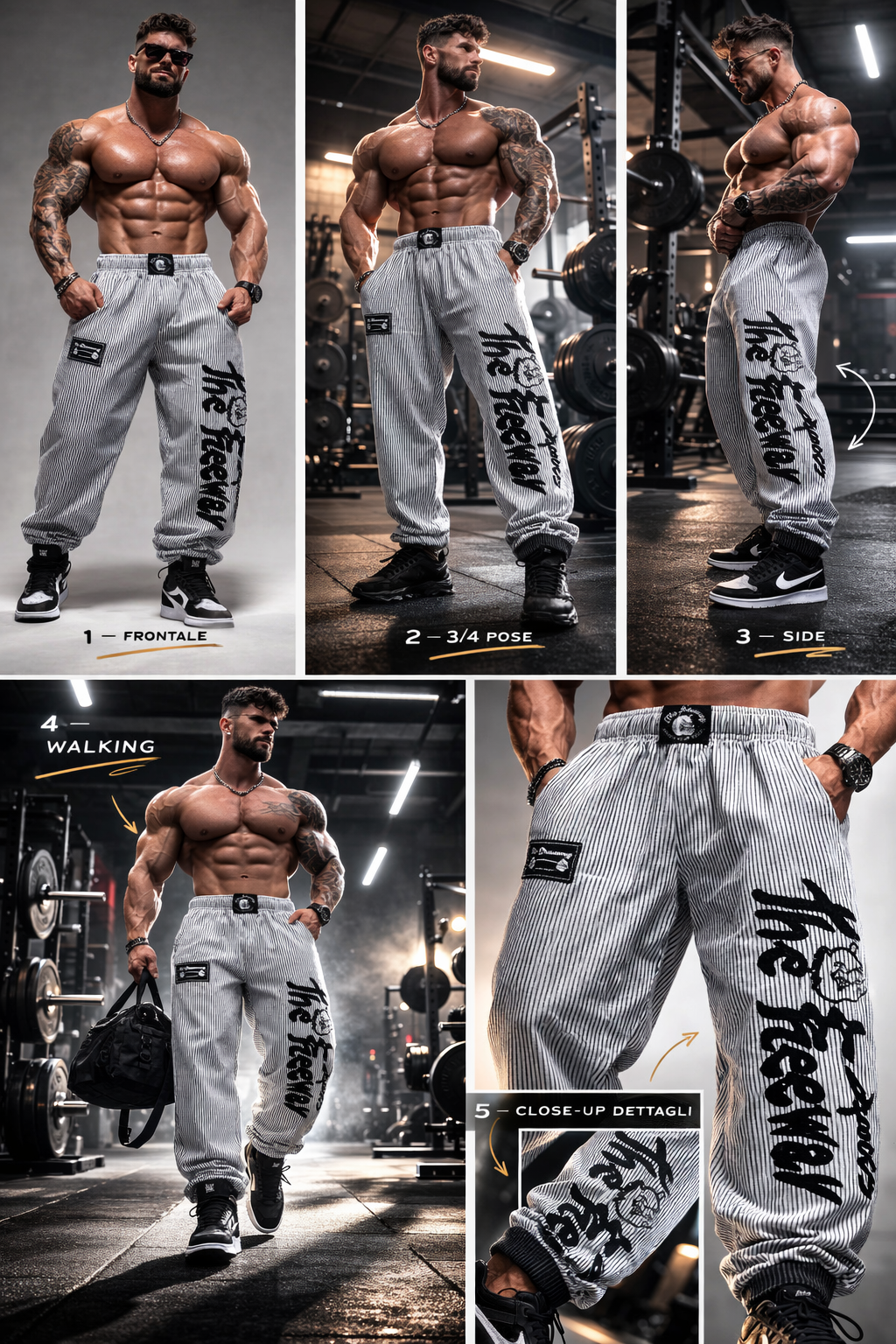 Thefreeway Art.254 unisex bodybuilding training pants in white and black stripes shown in front, side, walking and close-up detail views