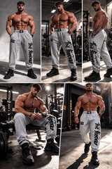 Thefreeway Art.254 unisex bodybuilding training pants in white and black stripes shown in multiple gym poses and views