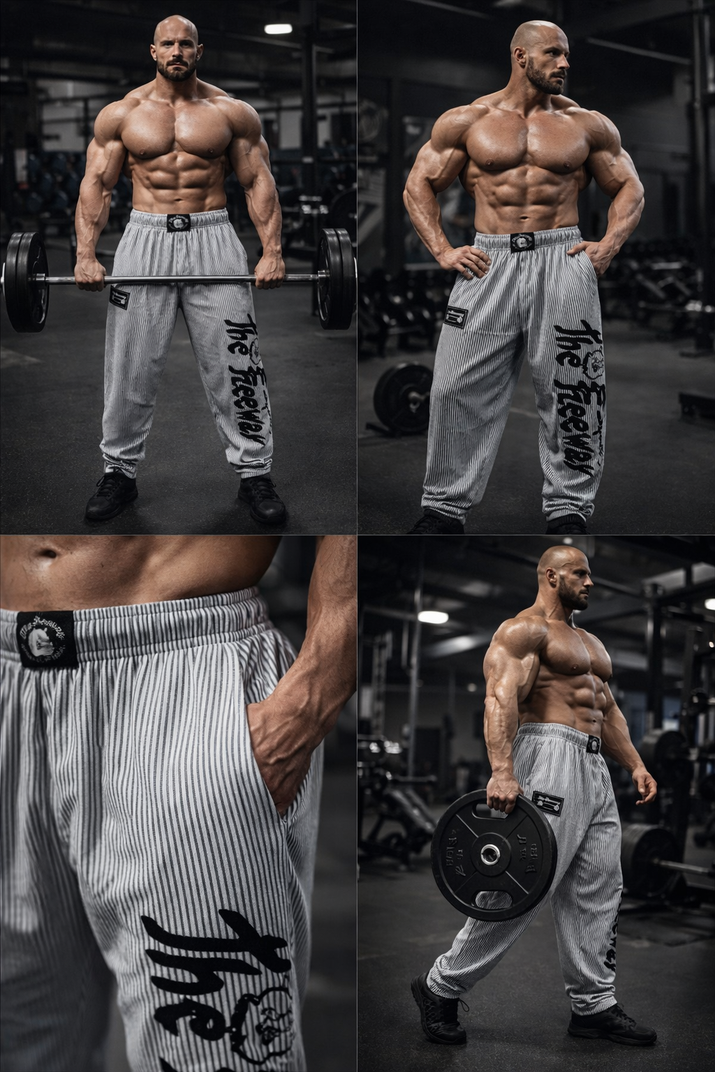 Thefreeway Art.254 unisex bodybuilding training pants in white and black stripes shown during strength training with front and close-up detail views