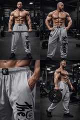 Thefreeway Art.254 unisex bodybuilding training pants in white and black stripes shown during strength training with front and close-up detail views