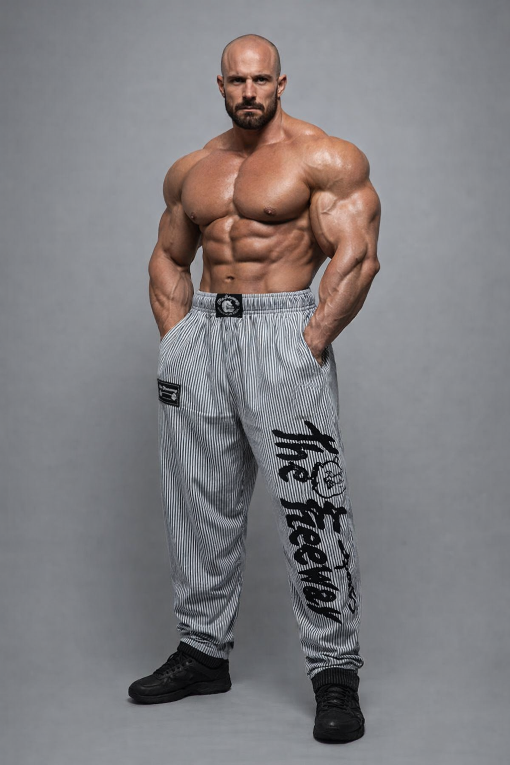 Thefreeway Art.254 unisex bodybuilding training pants in white and black stripes worn by a male bodybuilder in a front studio view