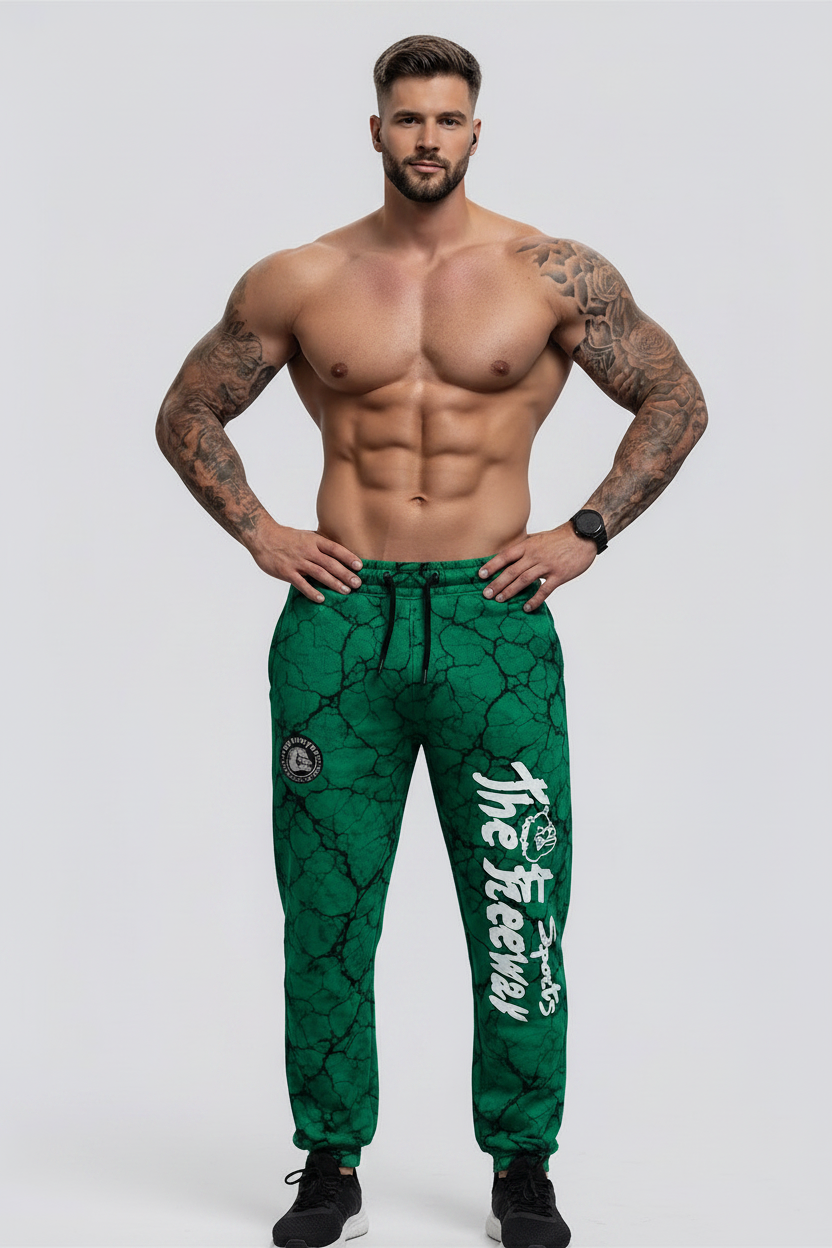 Unisex green marbled bodybuilding training pants Thefreeway Sportswear art. 252 worn by a bodybuilder, front view with white leg logo