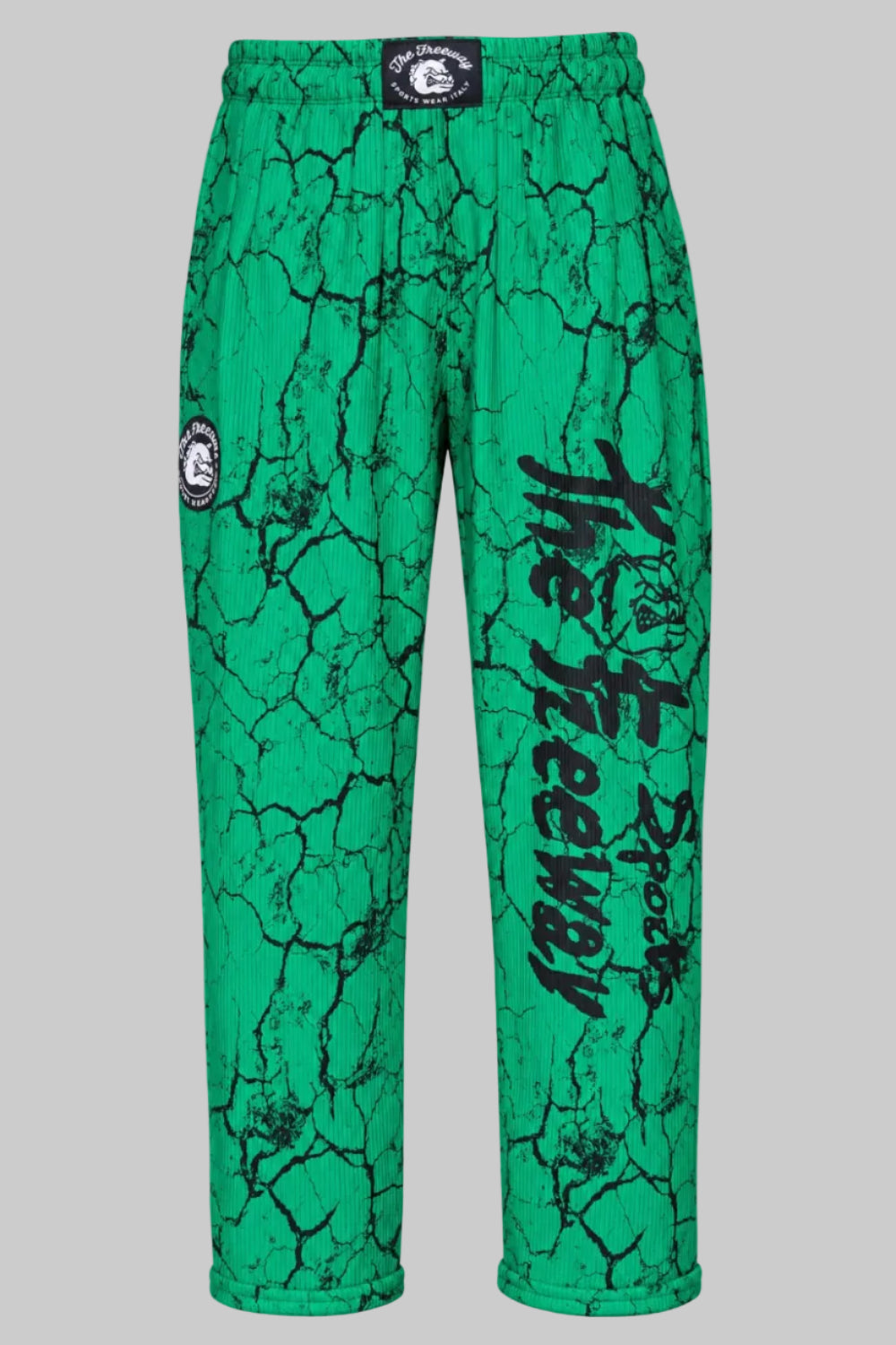 Unisex green marbled bodybuilding training pants Thefreeway Sportswear art. 252 worn by a bodybuilder, front view with white leg logo