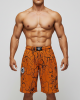 Unisex mustard marbled bodybuilding shorts by Thefreeway Sportswear worn by a bodybuilder, close-up front view