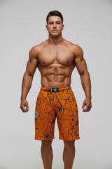 Unisex mustard marbled bodybuilding shorts by Thefreeway Sportswear worn by a bodybuilder, front view