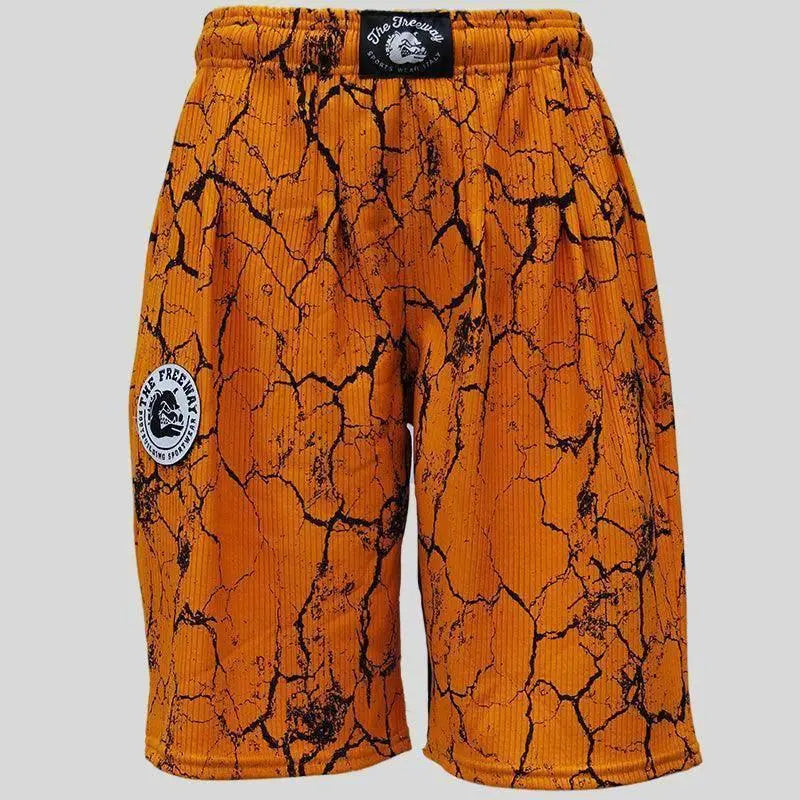 Unisex mustard marbled bodybuilding shorts by Thefreeway Sportswear, front product view