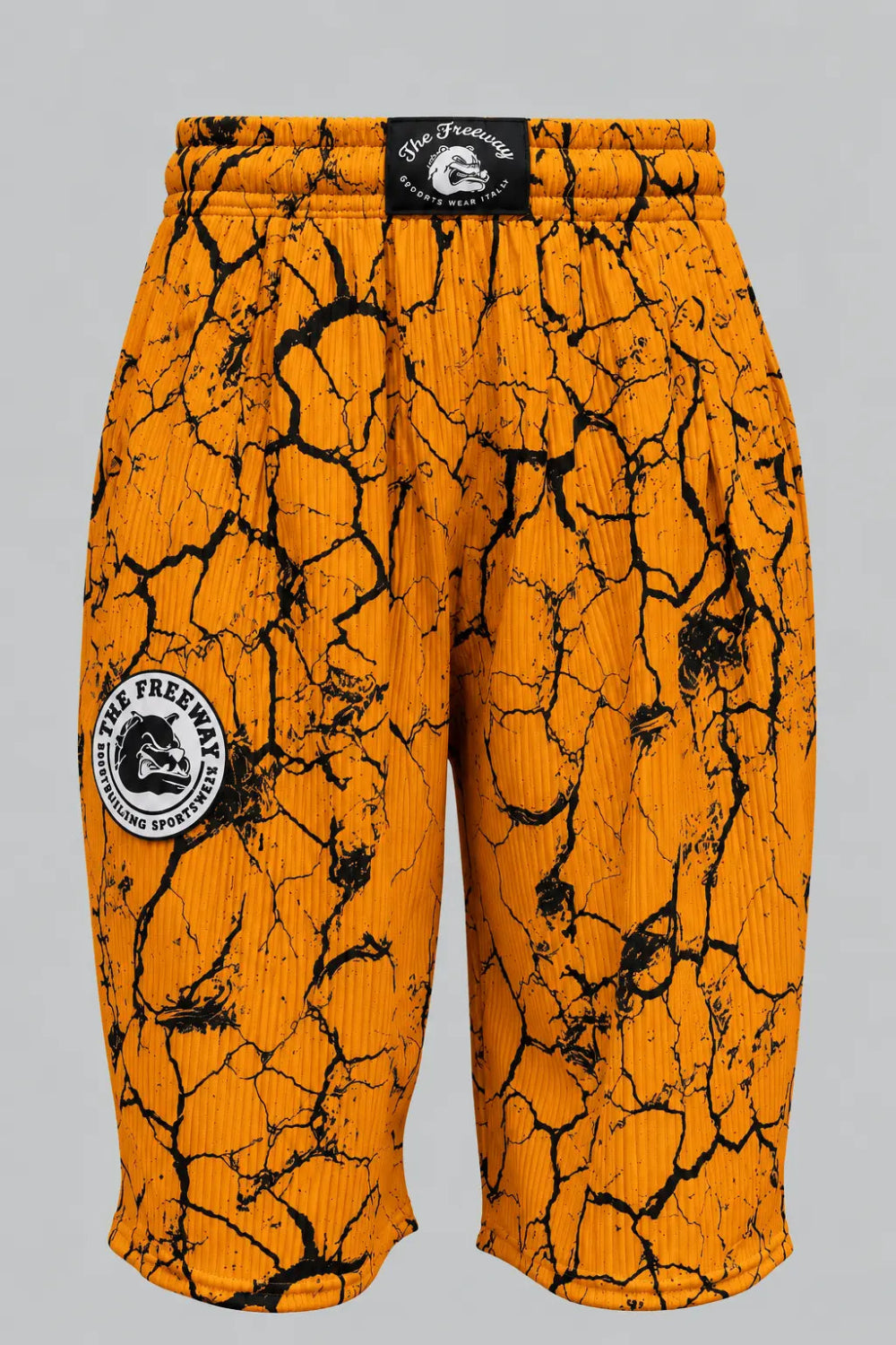 Unisex mustard marbled bodybuilding shorts by Thefreeway Sportswear, front product view