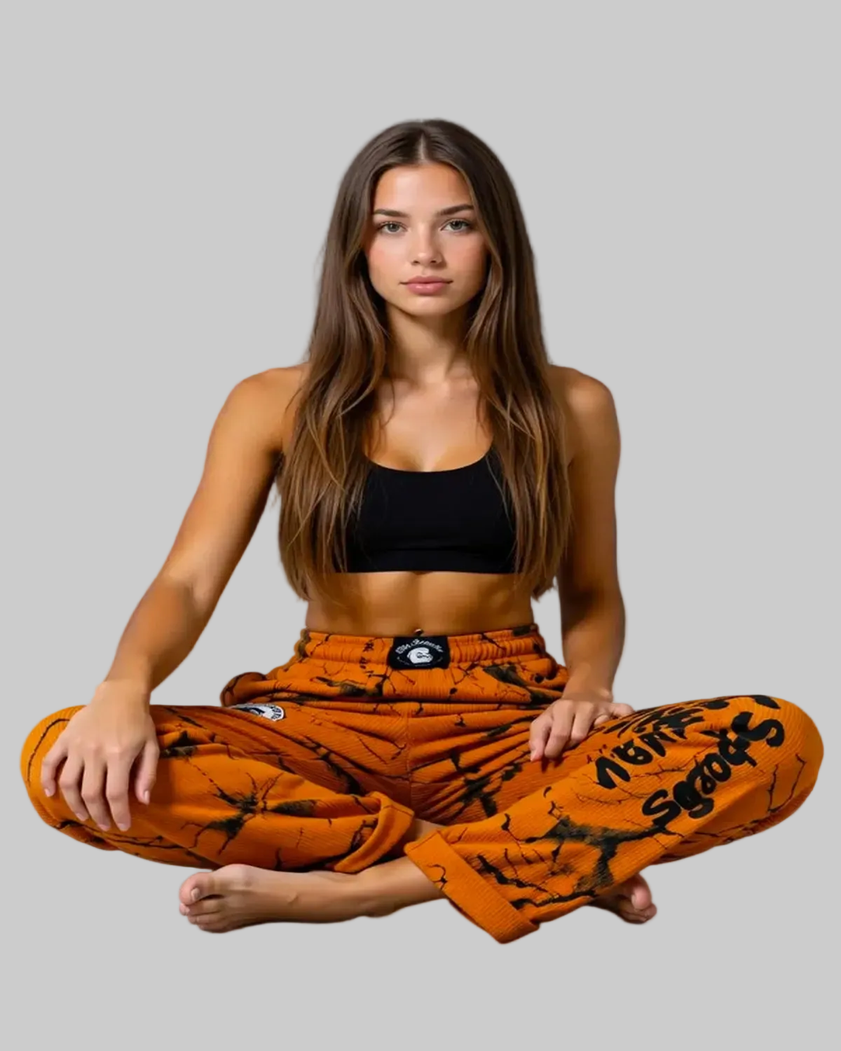 Unisex mustard marbled bodybuilding training pants by Thefreeway Sportswear worn by a female model in a seated cross-legged pose