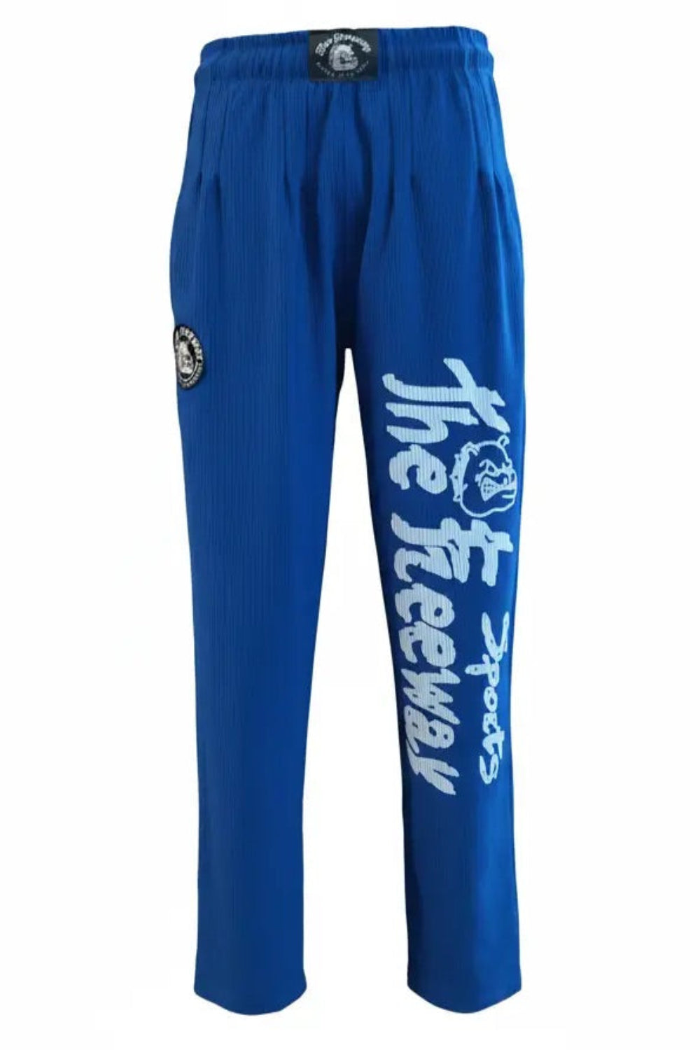 Unisex royal blue bodybuilding training pants Thefreeway Sportswear art. 252, front product view with white leg logo