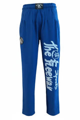 Unisex royal blue bodybuilding training pants Thefreeway Sportswear art. 252, front product view with white leg logo