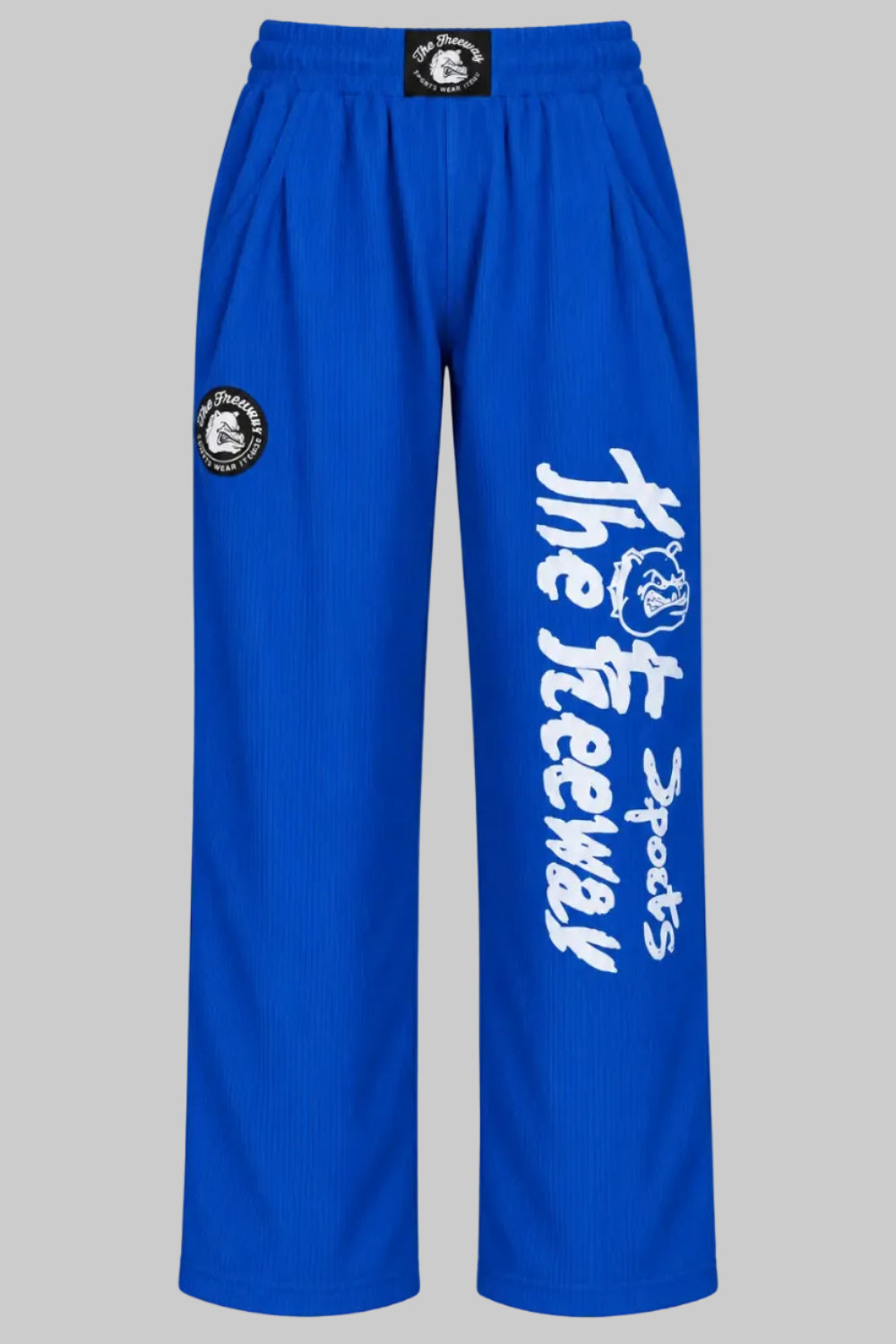 Unisex royal blue bodybuilding training pants Thefreeway Sportswear art. 252, front product view with white leg logo