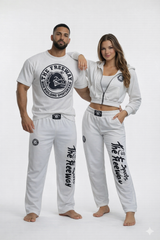 Unisex white bodybuilding training pants Thefreeway Sportswear art. 252 worn by male and female models, front view