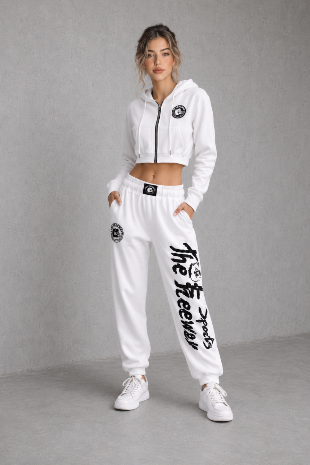 Unisex white bodybuilding training pants by Thefreeway Sportswear worn by a female model with matching hoodie, front view