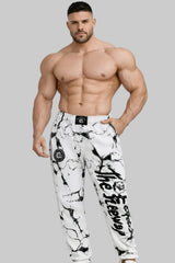 Unisex white marbled bodybuilding training pants Thefreeway Sportswear art. 252 worn by a bodybuilder, front view with black leg logo