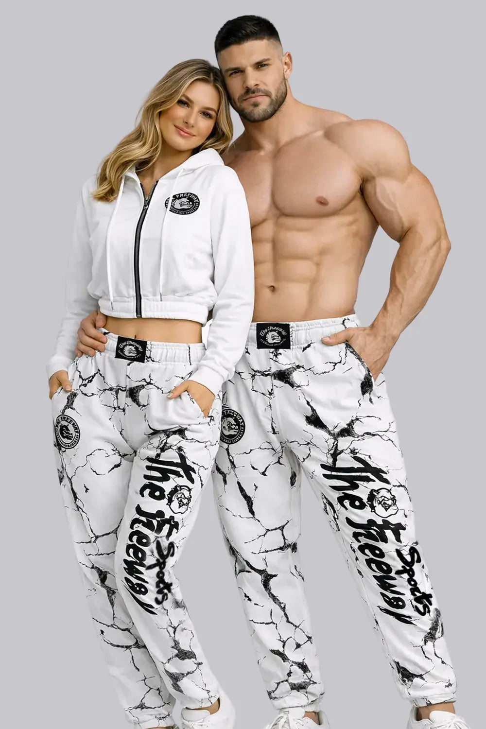 Unisex white marbled bodybuilding training pants Thefreeway Sportswear art. 252 worn by male and female models, front view