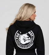 Thefreeway Art.6586 women's hooded jacket in black worn by a female model, back view showing the large rear logo