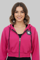 Thefreeway Art.6586 women's hooded jacket in fuchsia worn by a female model, front close-up view with chest logo