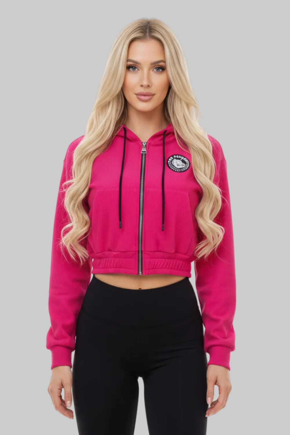 Thefreeway Art.6586 women's hooded jacket in fuchsia worn by a female model, front view with zip closed