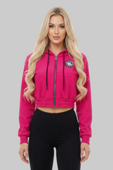 Thefreeway Art.6586 women's hooded jacket in fuchsia worn by a female model, front view with zip closed