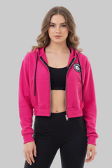 Thefreeway Art.6586 women's hooded jacket in fuchsia worn by a female model, front view with zip open