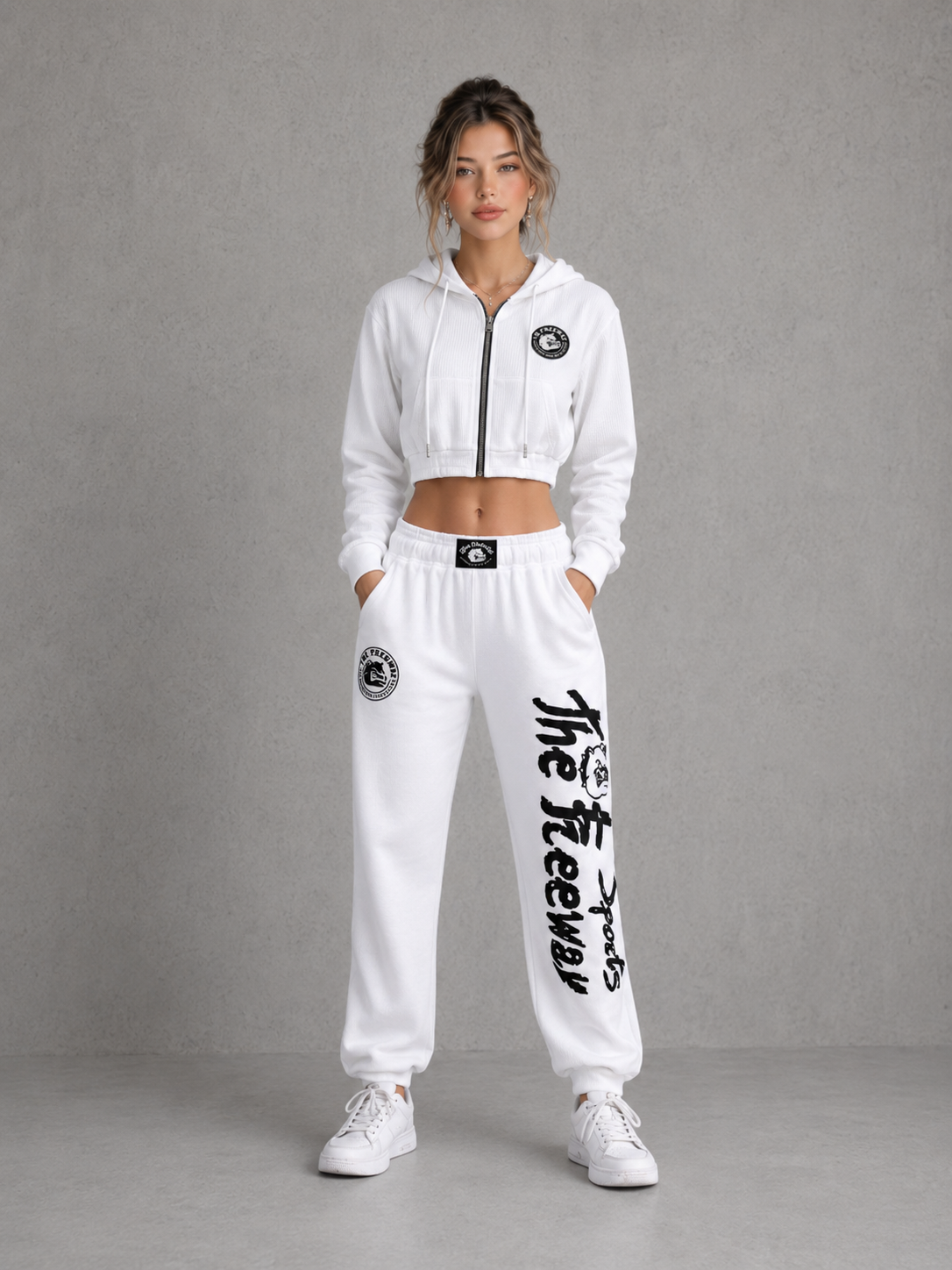 Thefreeway Art.6586 women's hooded jacket in white worn by a female model, full-body front studio view