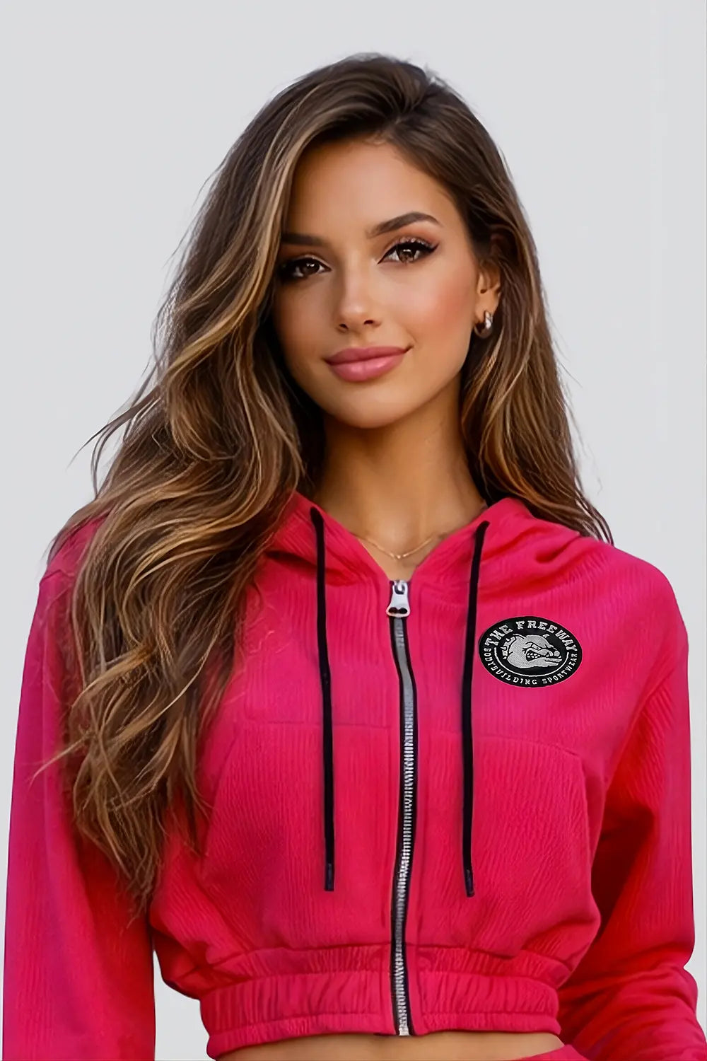 Thefreeway Art.7870 women's fuchsia training suit hooded jacket worn by a female model, front close-up view