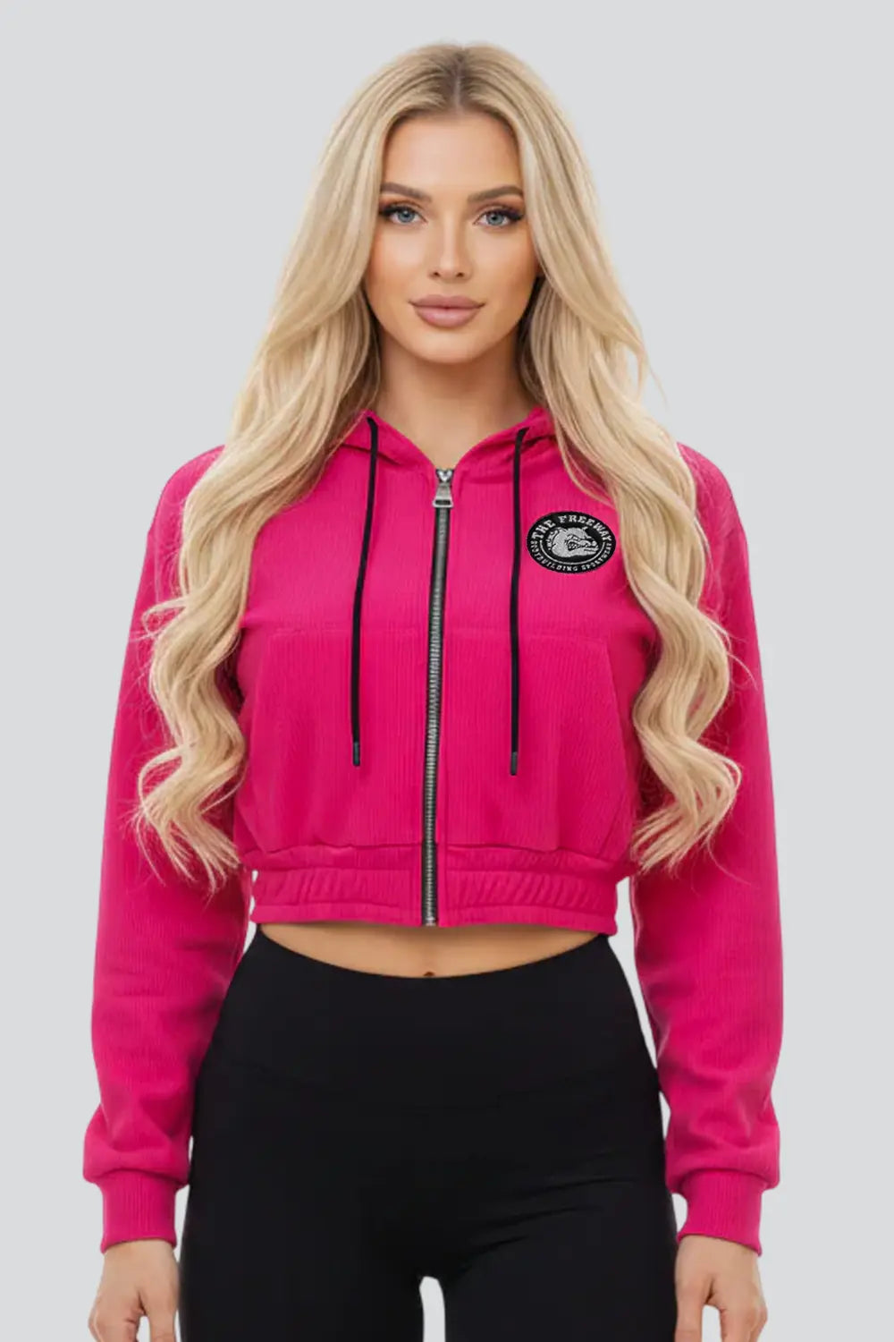 Thefreeway Art.7870 women's fuchsia training suit hooded jacket worn by a female model, front view with zip closed