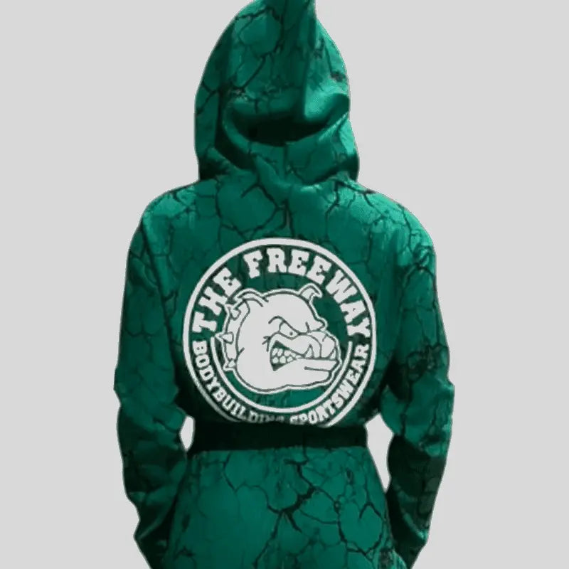 Thefreeway Art.7870 women's training suit in marbled green, close-up back view showing the large rear logo