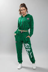 Thefreeway Art.7870 women's training suit in marbled green worn by a female model, full-body front view