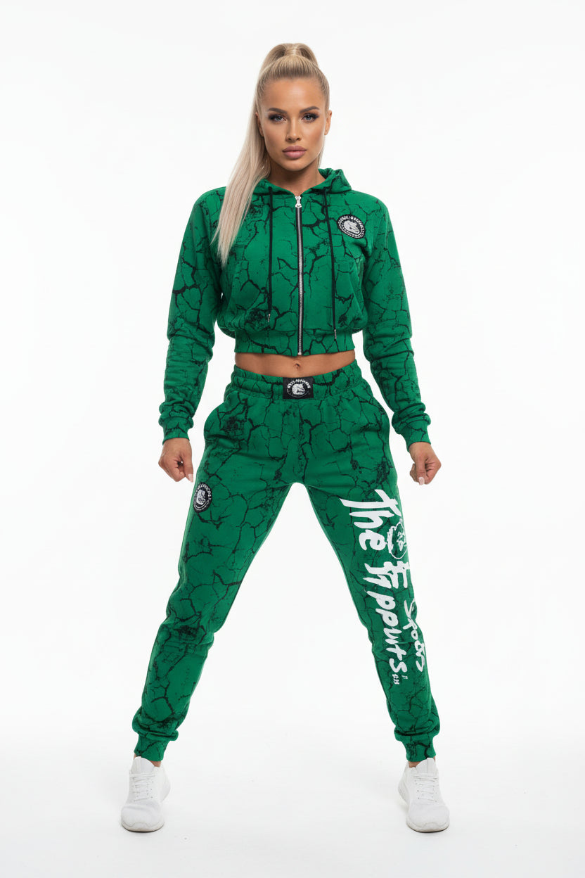 Thefreeway Art.7870 women's training suit in marbled green worn by a female model, full-body front studio view