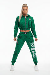 Thefreeway Art.7870 women's training suit in marbled green worn by a female model, full-body front studio view