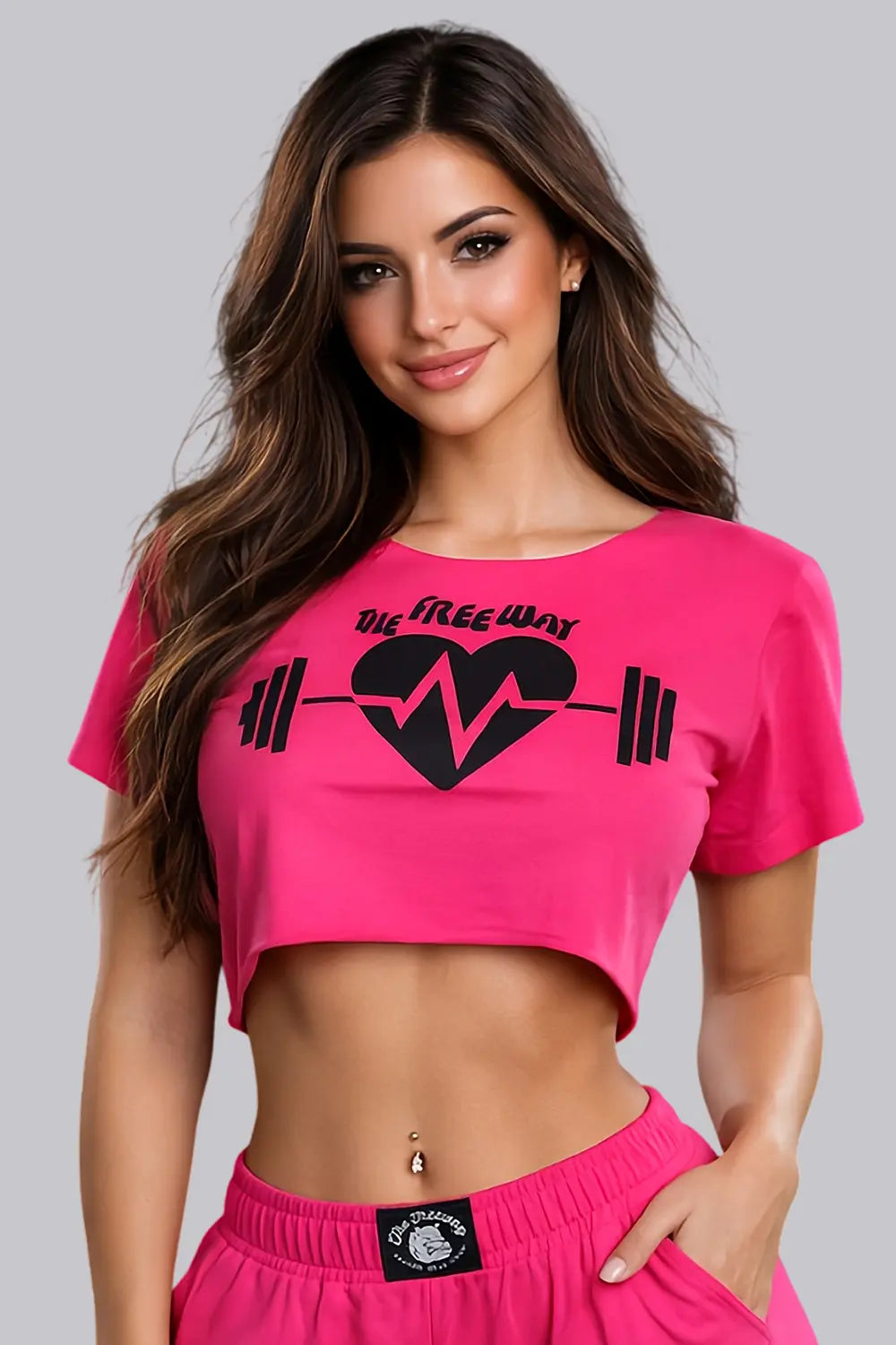 Thefreeway Art.6080 women's workout rag top in fuchsia worn by a female fitness model, studio portrait view